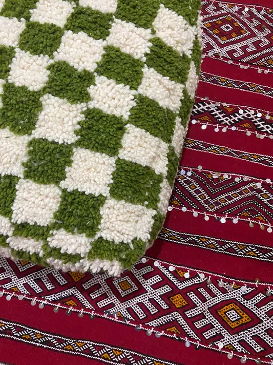 Moroccan Olive Checkered Pouf (filled )