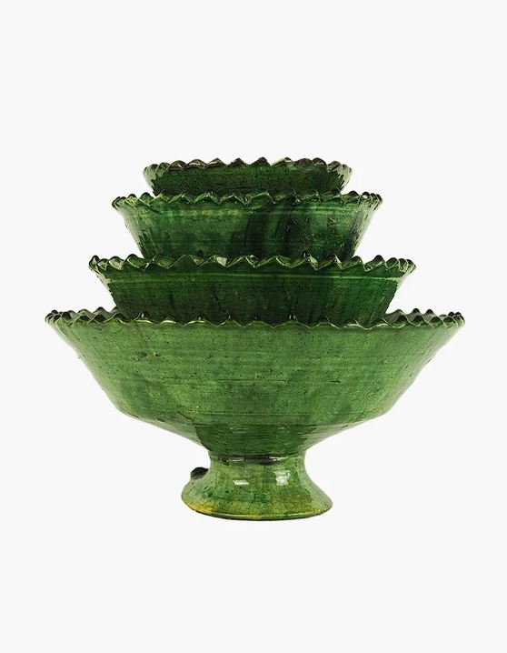 Moroccan Vintage Tamegroute Green Fruit Bowl with Jagged Edge