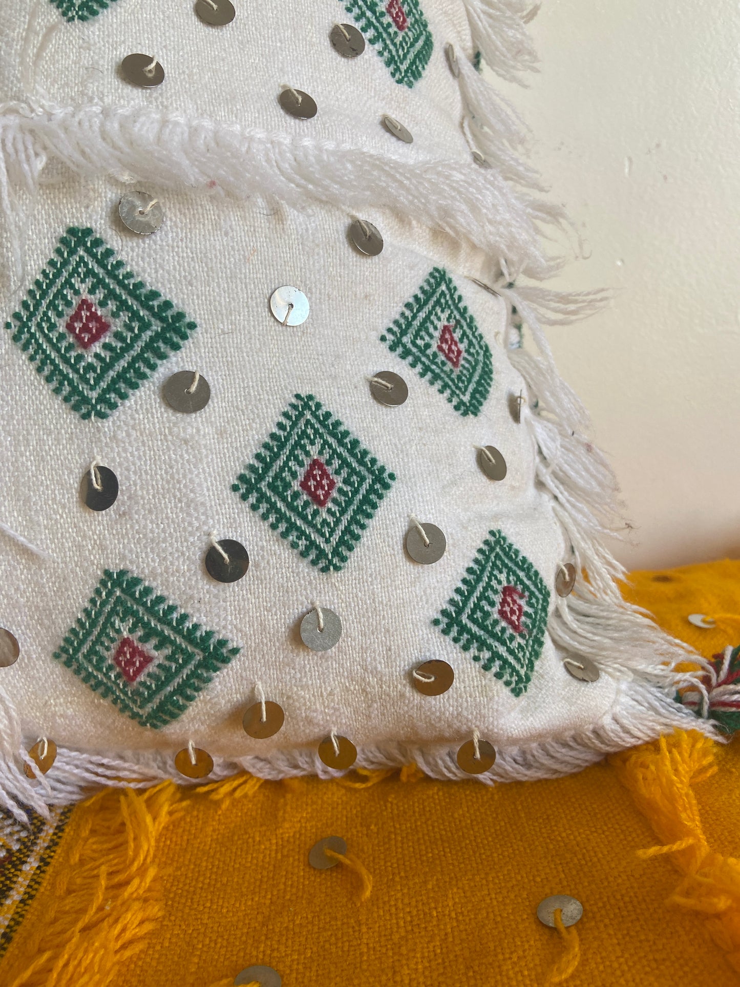 Vintage White Cotton Handira Pillow with sequins