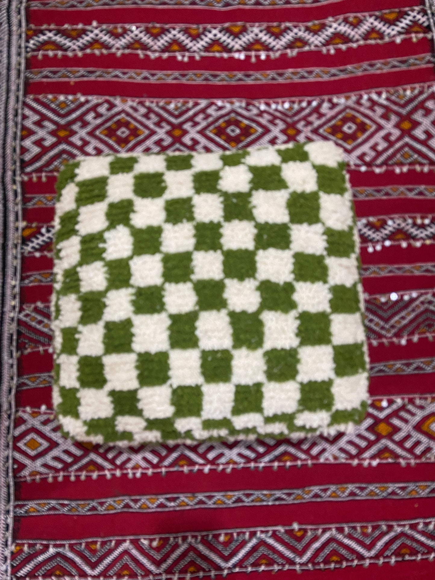 Moroccan Olive Checkered Pouf (filled )