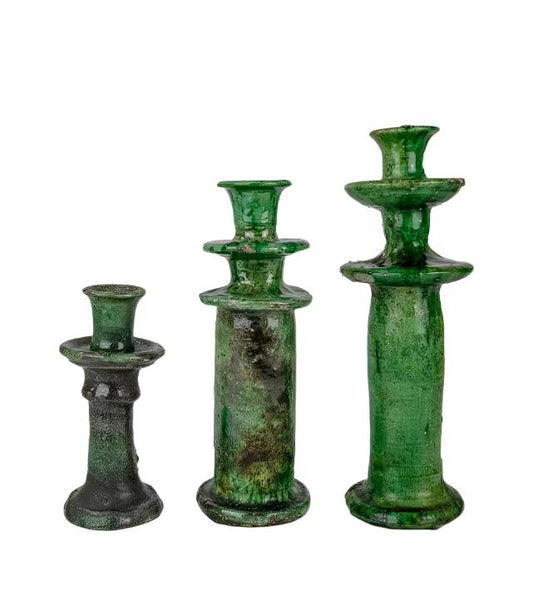 Set of 3 Moroccan Vintage Tamegroute Shaded Green Candlestick Holder