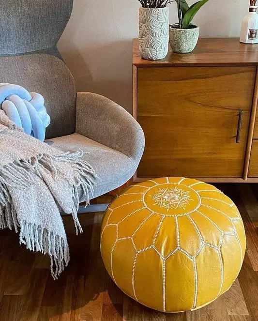 Yellow Moroccan Leather Pouf