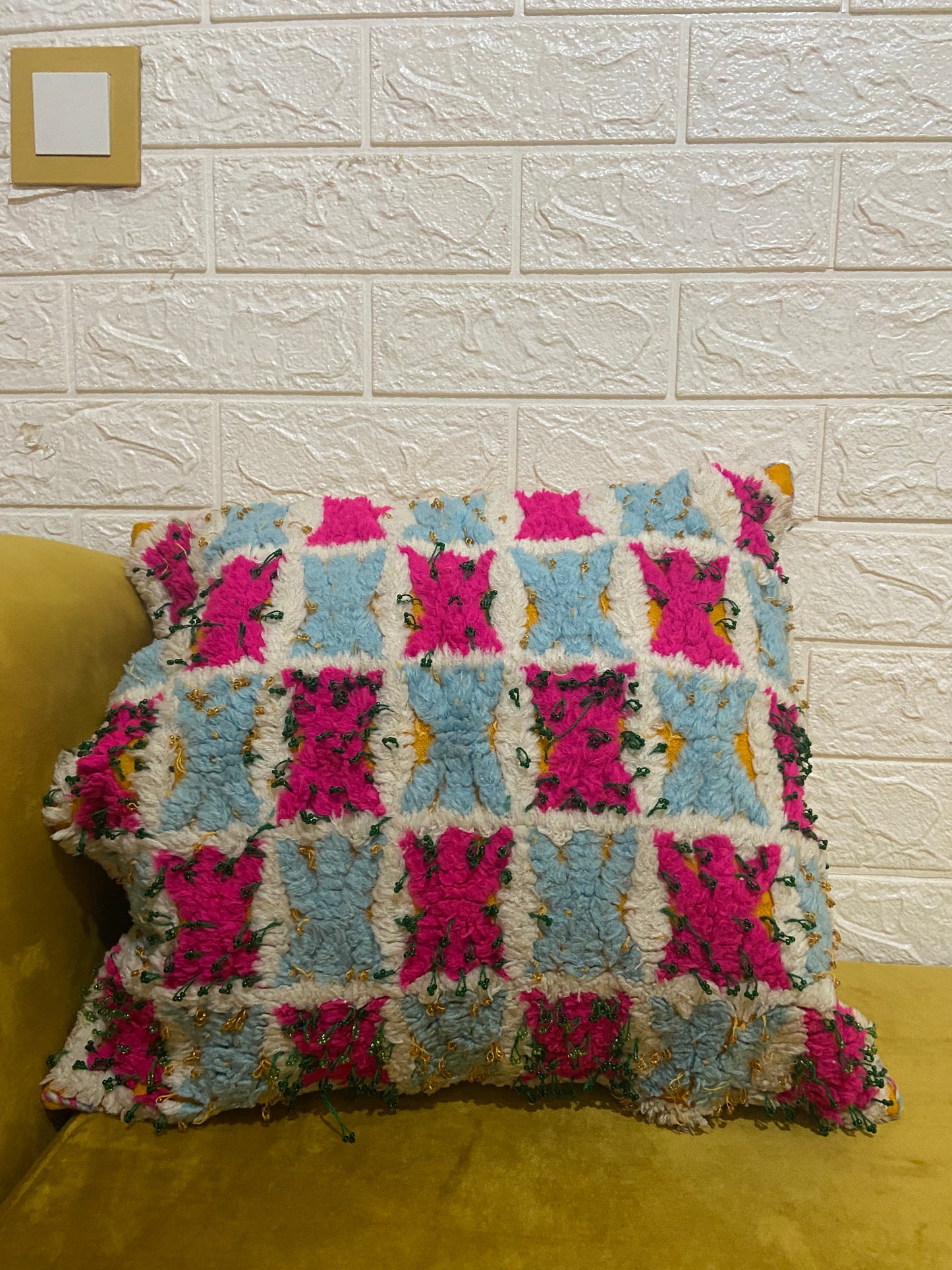 Vintage Moroccan Blue Pink Handira Pillow with Beads