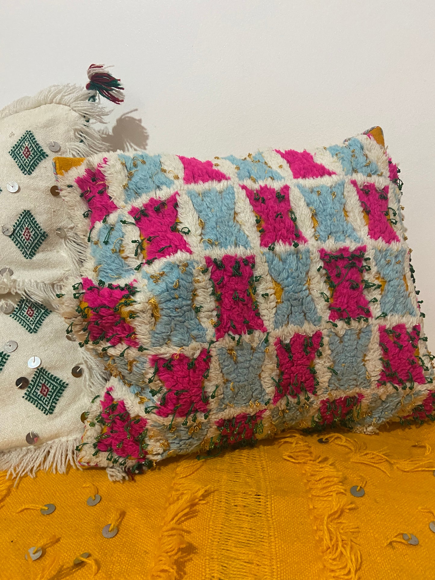 Vintage Moroccan Blue Pink Handira Pillow with Beads