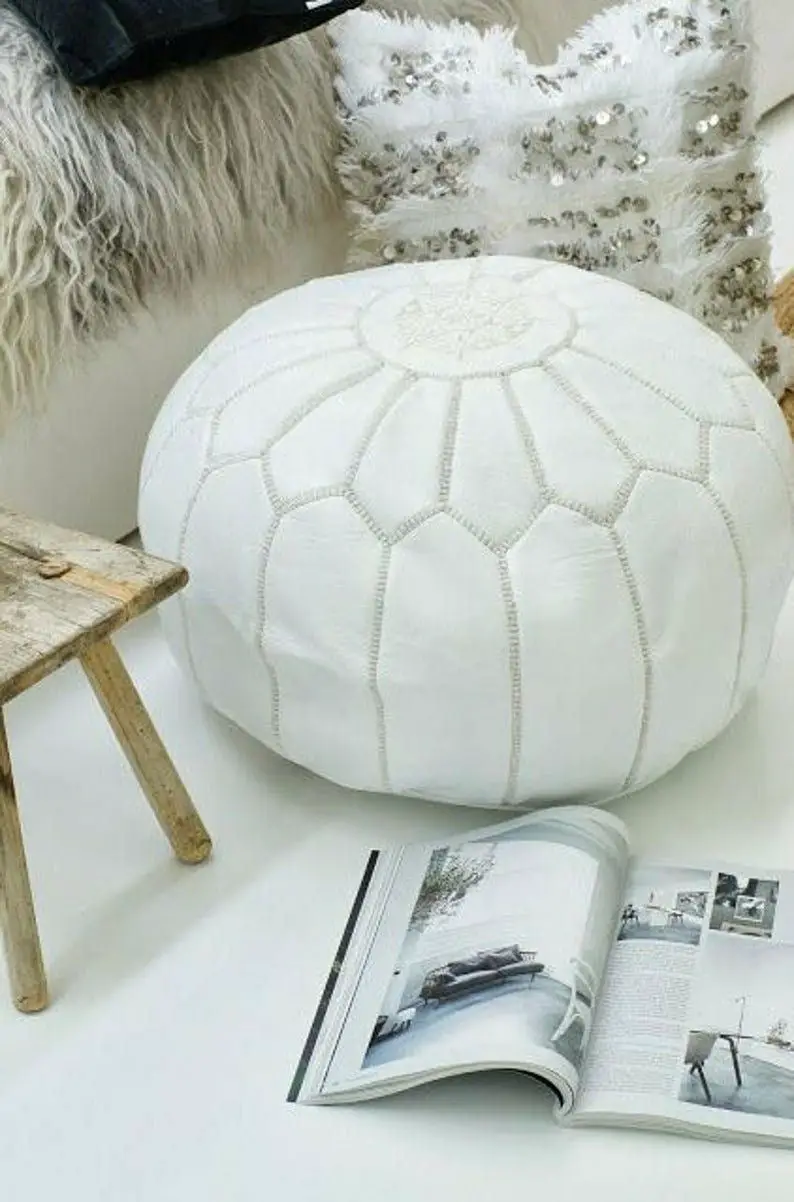 Pouf Marocain en Cuir Blanc 