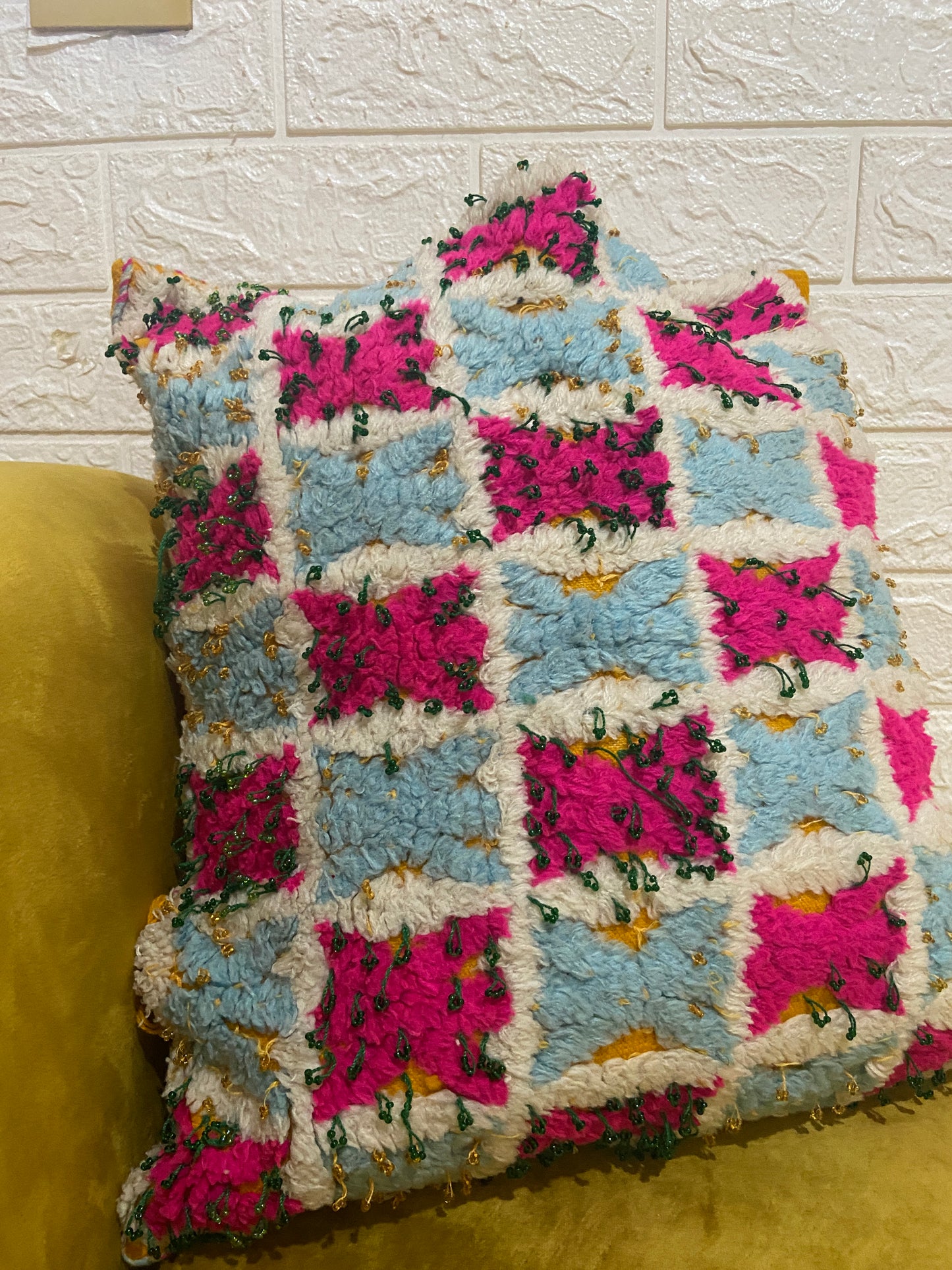 Vintage Moroccan Blue Pink Handira Pillow with Beads