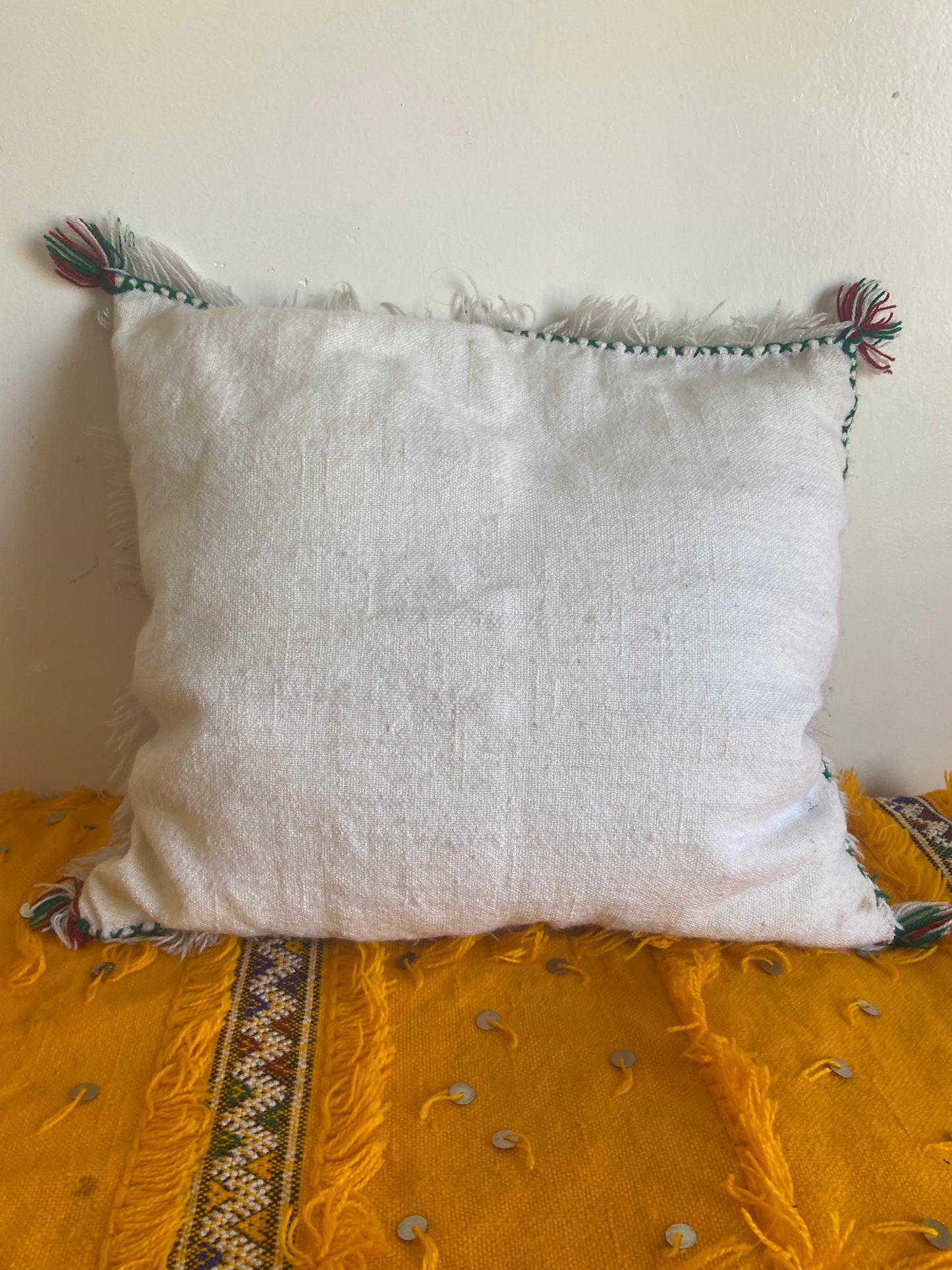 Vintage White Cotton Handira Pillow with sequins