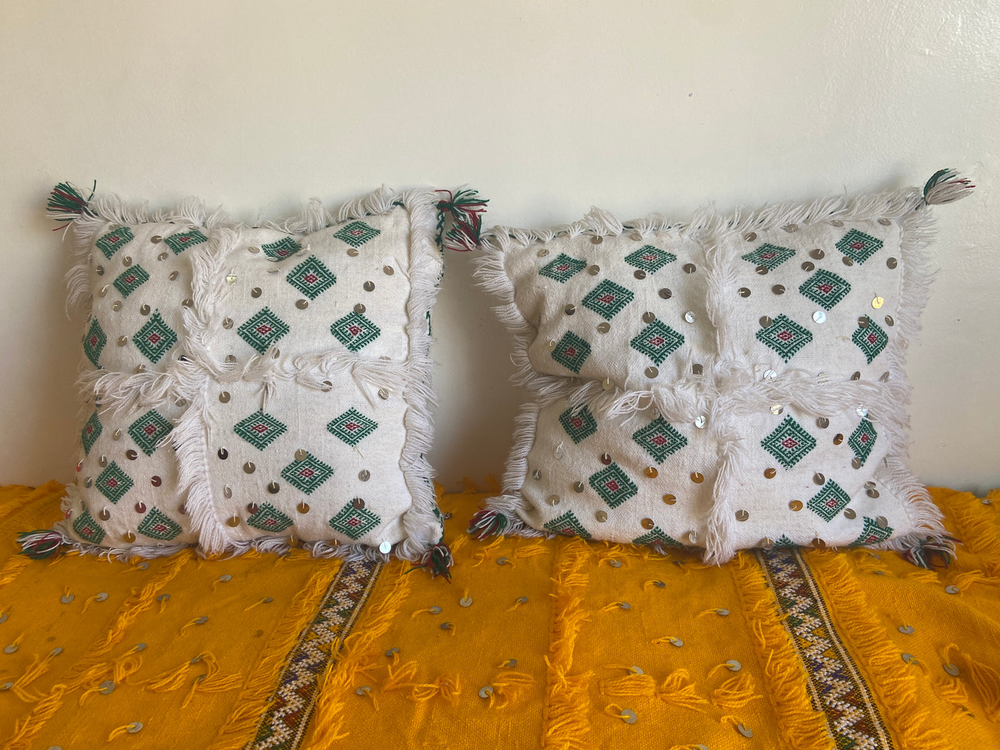 Vintage White Cotton Handira Pillow with sequins