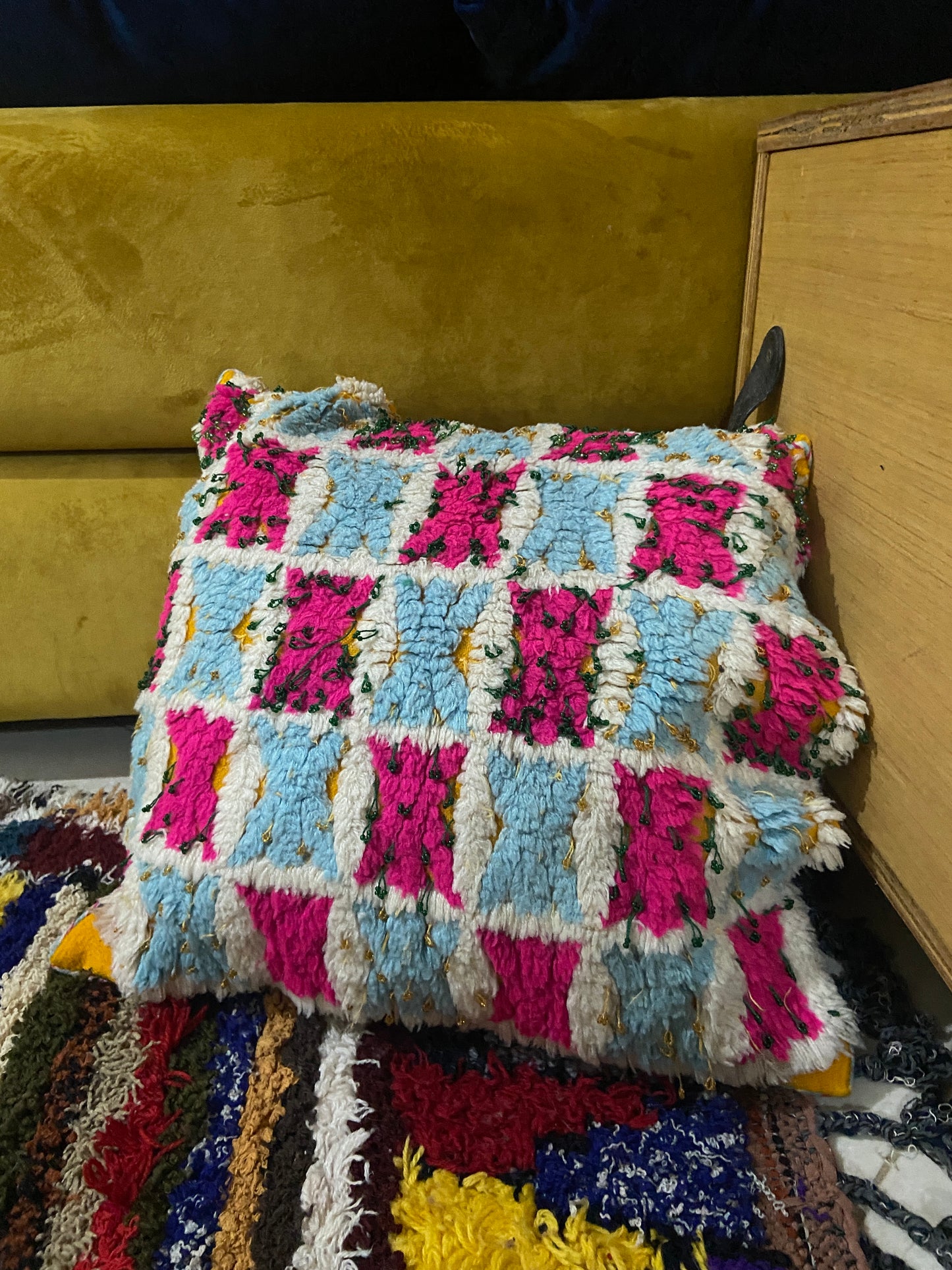 Vintage Moroccan Blue Pink Handira Pillow with Beads