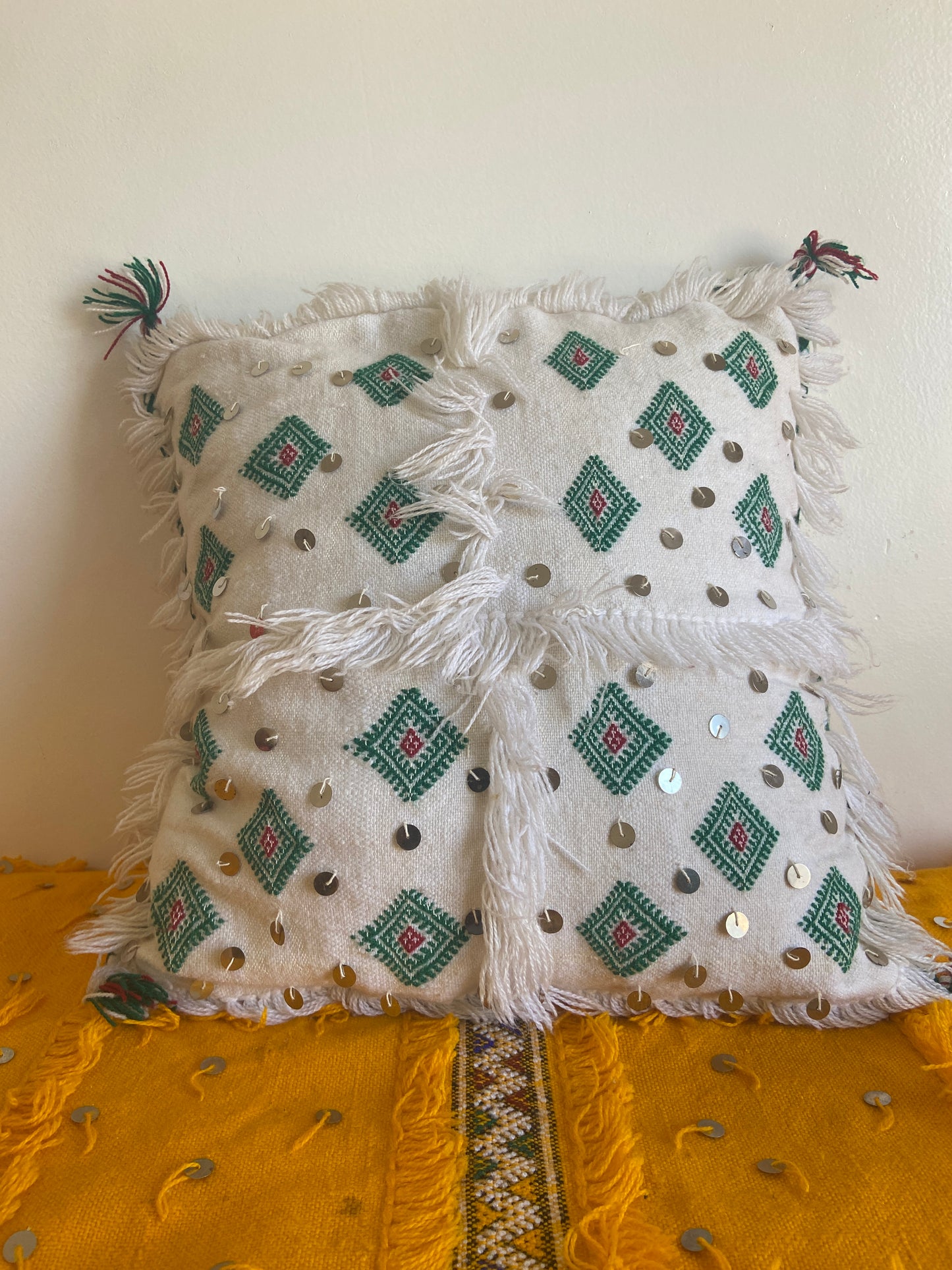 Vintage White Cotton Handira Pillow with sequins