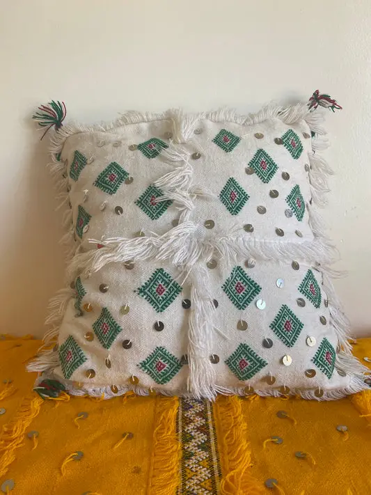 Vintage White Cotton Handira Pillow with sequins