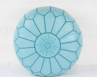 Pouf Marocain en Cuir Bleu Ciel