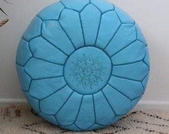 Pouf Marocain en Cuir Bleu Ciel