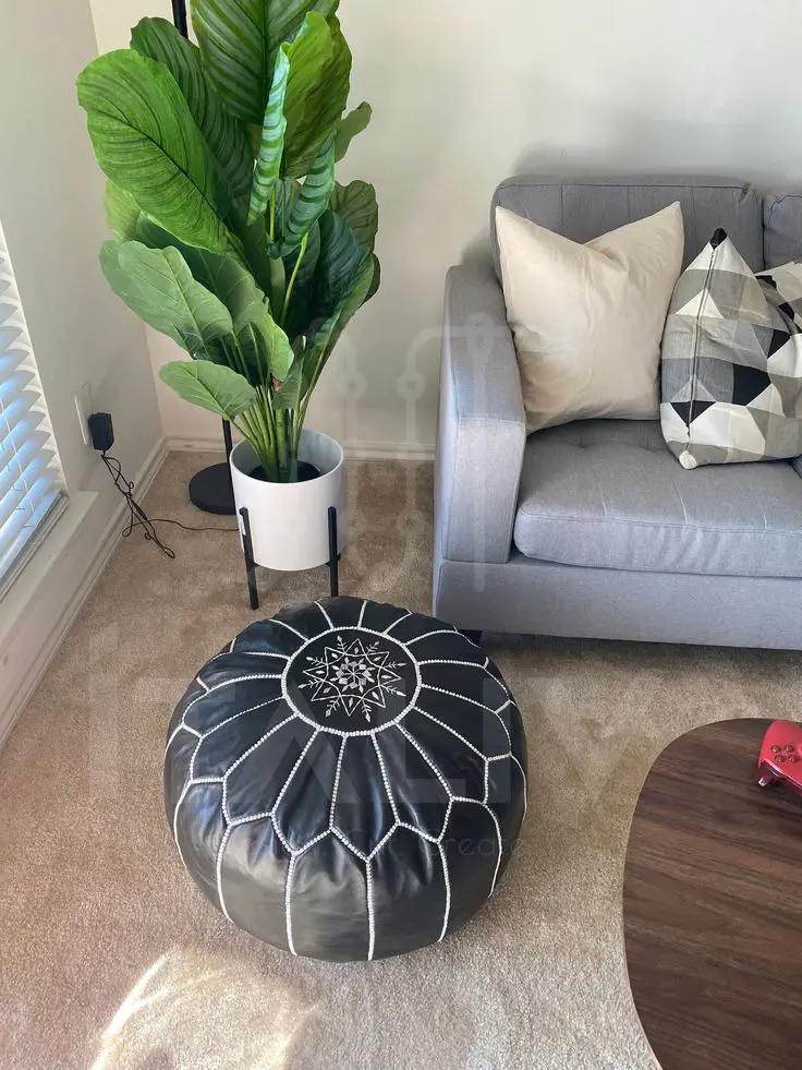 Black Moroccan Leather Pouf