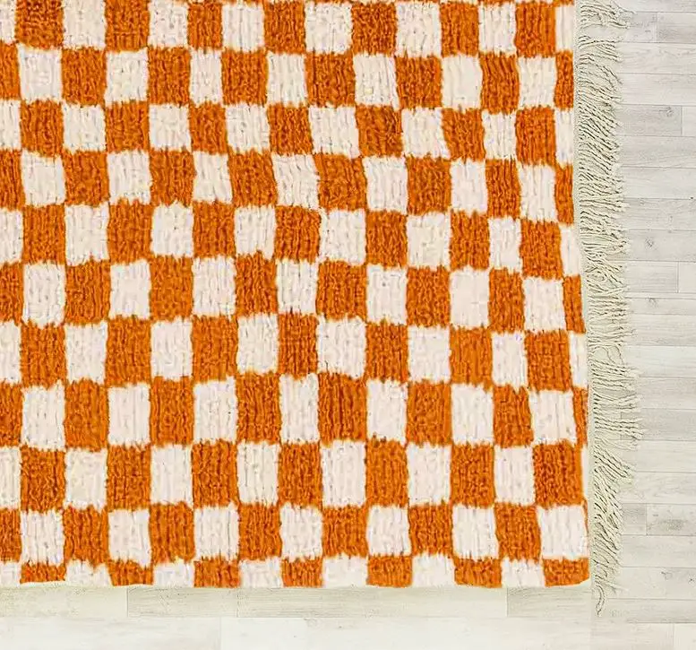 Moroccan Orange and white Berber checkered Rug