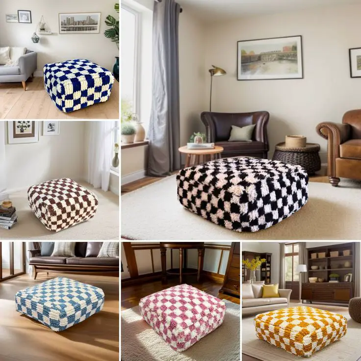 Black white Moroccan Checkered Pouf