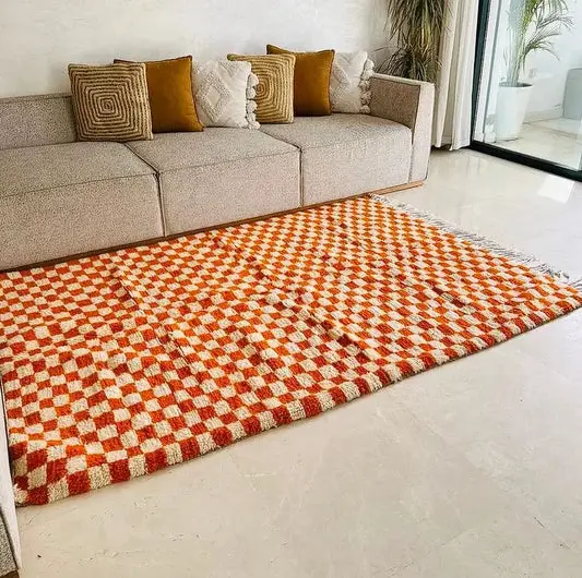 Moroccan Orange and white Berber checkered Rug