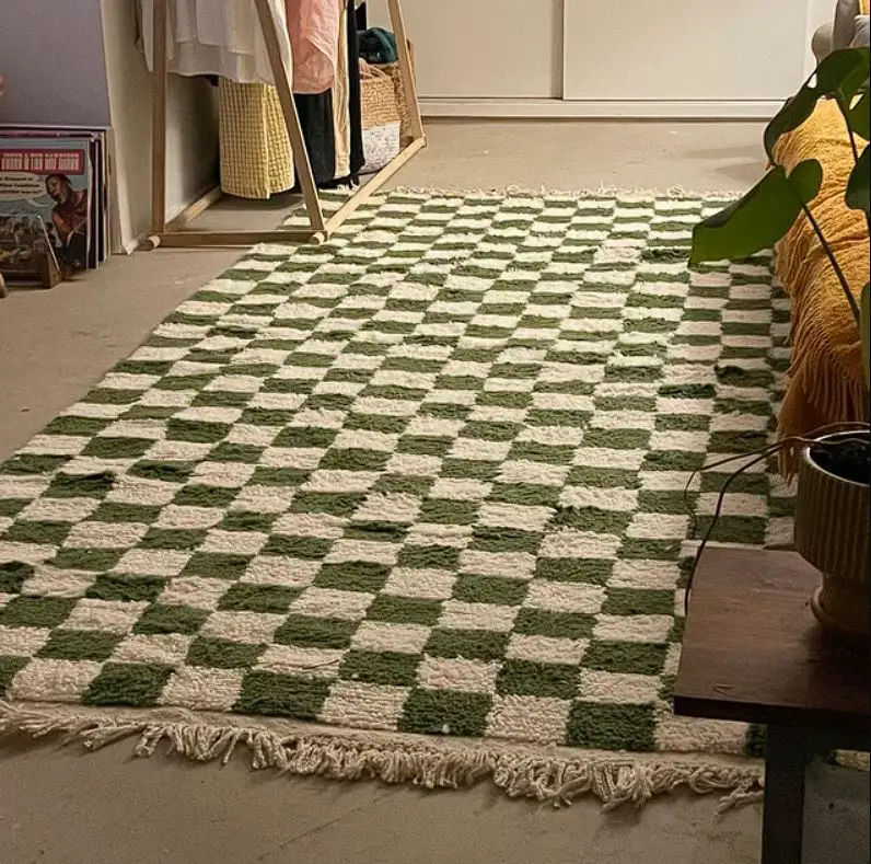 Moroccan Green and white Berber checkered rug