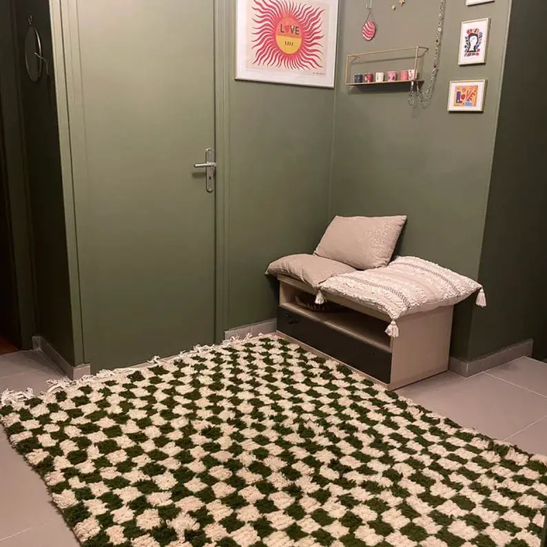 Moroccan Green and white Berber checkered rug