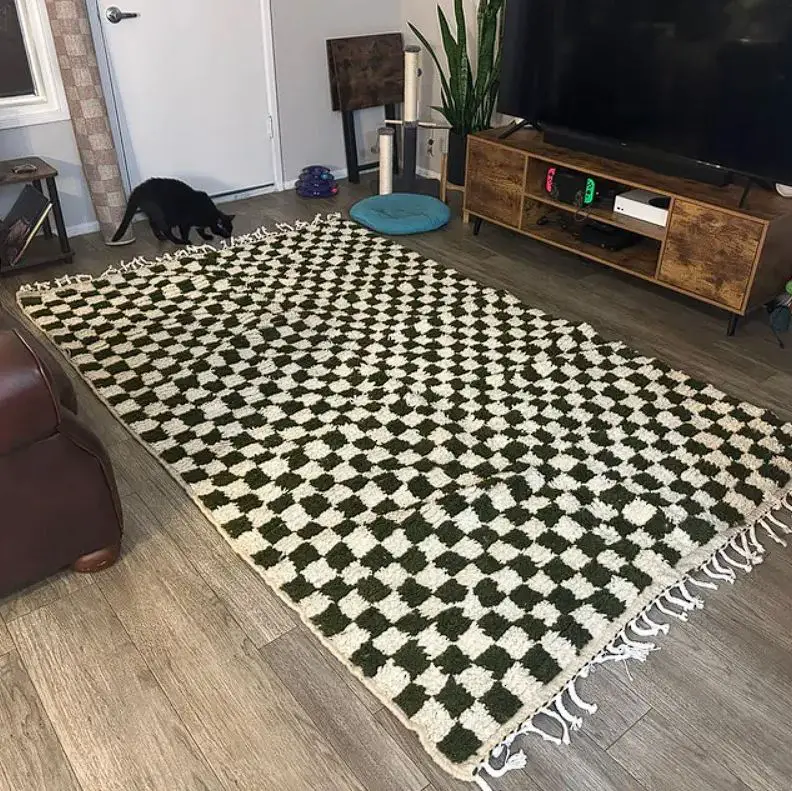 Moroccan Green and white Berber checkered rug