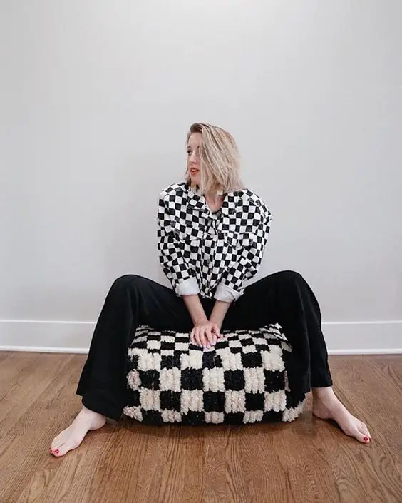 Black white Moroccan Checkered Pouf