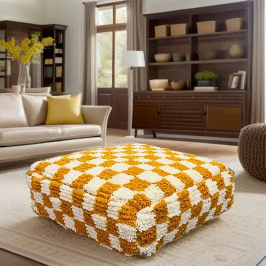 Mustard Moroccan Checkered Floor Pouf