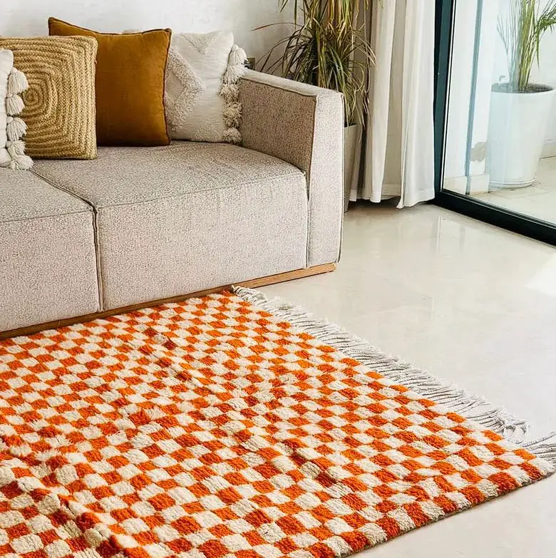 Moroccan Orange and white Berber checkered Rug