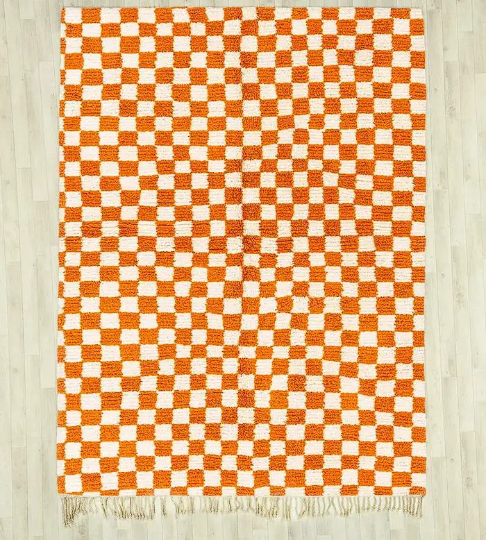 Moroccan Orange and white Berber checkered Rug